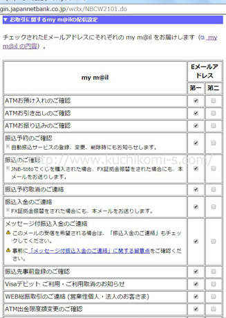 お知らせメールの設定画面。どの取引があった時にどのメールアドレスに通知するかを細かく指定できる。