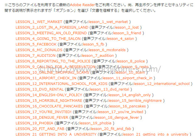 教材の一覧です。レベル別ごとに100の教材があります。